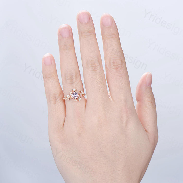 Leaf Vine Hexagon  Cut Pink Sapphire Engagement Ring, Twig Branch Nature Inspired Pink Gemstone Rose Gold Promise Ring - PENFINE