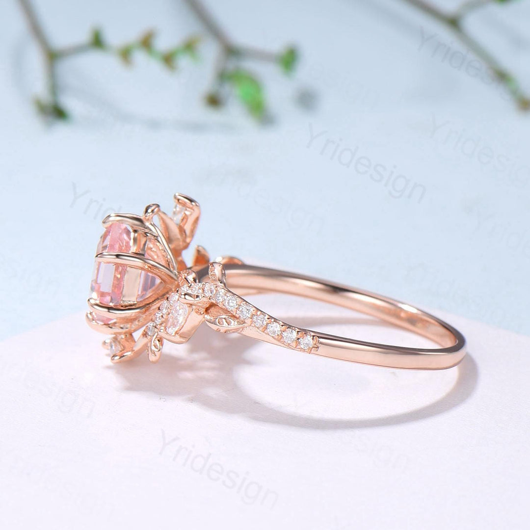 Leaf Vine Hexagon  Cut Pink Sapphire Engagement Ring, Twig Branch Nature Inspired Pink Gemstone Rose Gold Promise Ring - PENFINE