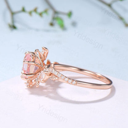 Leaf Vine Hexagon  Cut Pink Sapphire Engagement Ring, Twig Branch Nature Inspired Pink Gemstone Rose Gold Promise Ring - PENFINE