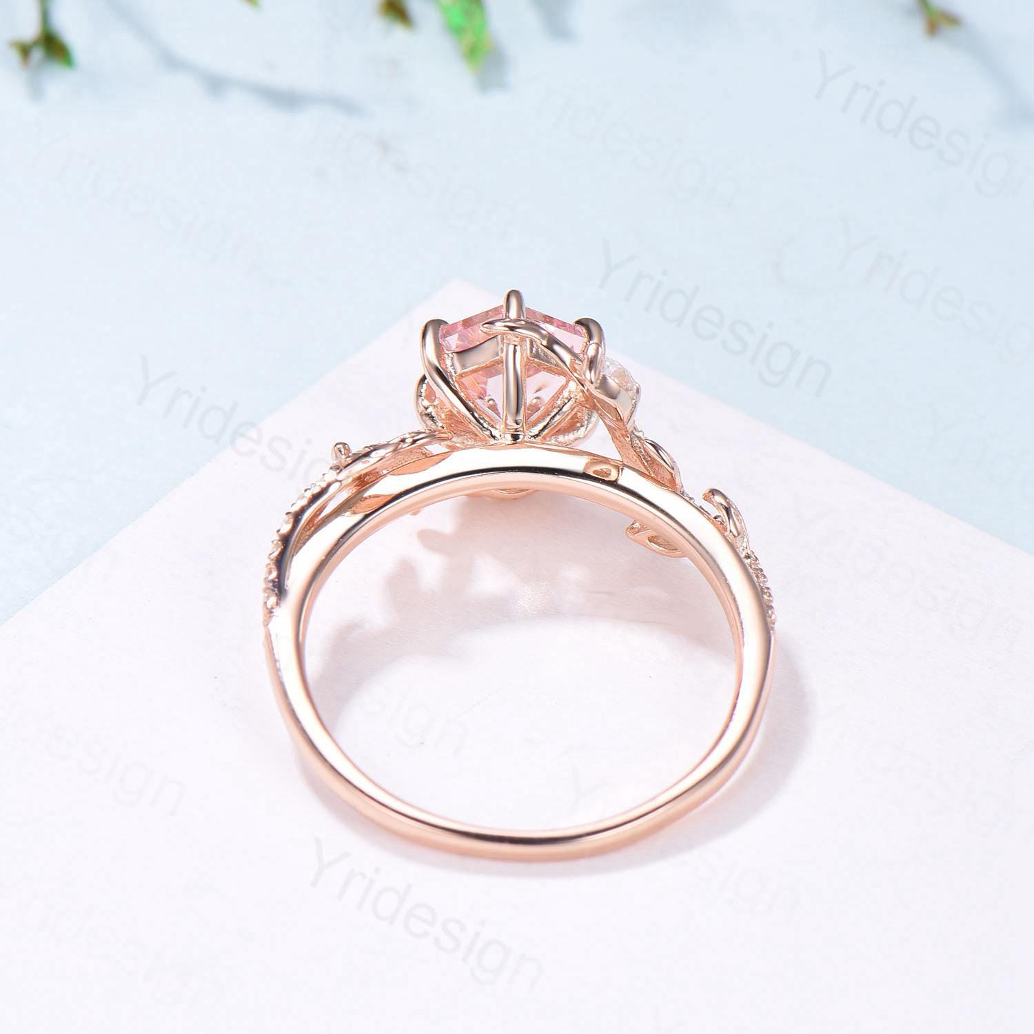 Leaf Vine Hexagon  Cut Pink Sapphire Engagement Ring, Twig Branch Nature Inspired Pink Gemstone Rose Gold Promise Ring - PENFINE