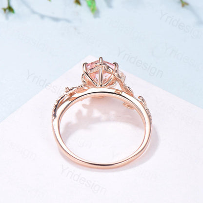 Leaf Vine Hexagon  Cut Pink Sapphire Engagement Ring, Twig Branch Nature Inspired Pink Gemstone Rose Gold Promise Ring - PENFINE