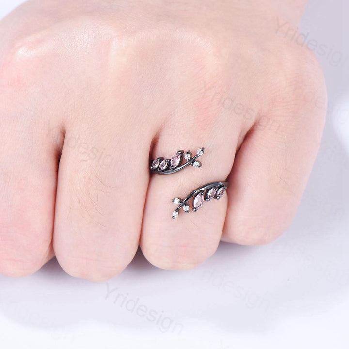Black Gold Marquise Cut Pink Sapphire Enhancer Wedding Band, Nature Inspired Gothic Branch Ring - PENFINE