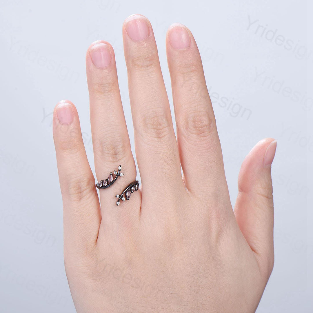 Black Gold Marquise Cut Pink Sapphire Enhancer Wedding Band, Nature Inspired Gothic Branch Ring - PENFINE