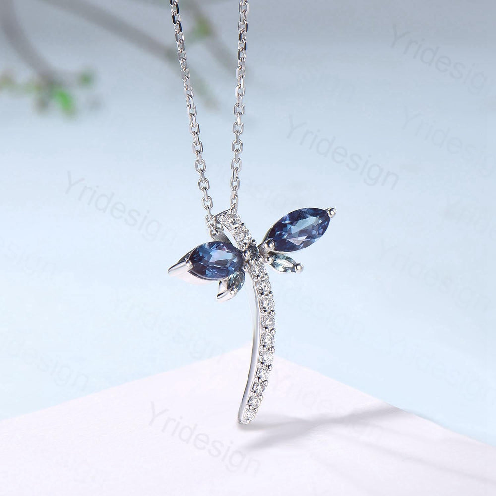Alexandrite Dragonfly Necklace with Moissanite Diamonds - Dainty Iridescent Insect Jewelry for Women, Delicate Nature-Inspired Pendant Gift - PENFINE