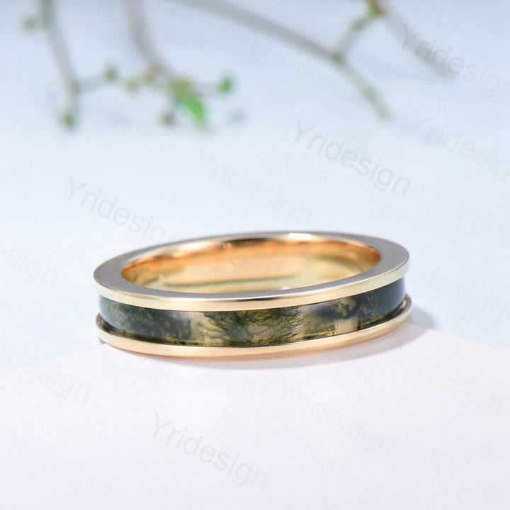 Men¡¯s 4.5mm Moss Agate Wedding Band Yellow Gold- Full Eternity Forest Jewelry, Dainty Stackable Anniversary Ring - PENFINE