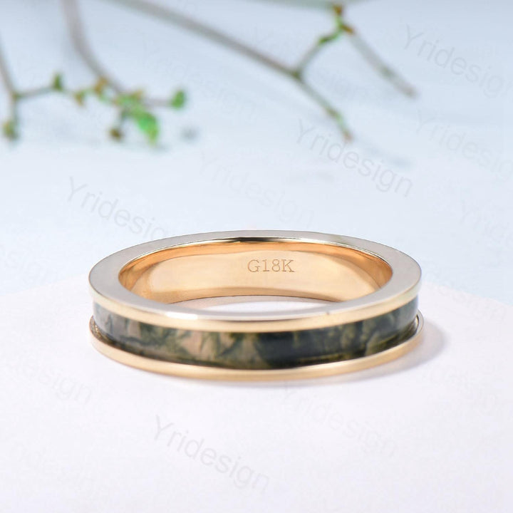 Men¡¯s 4.5mm Moss Agate Wedding Band Yellow Gold- Full Eternity Forest Jewelry, Dainty Stackable Anniversary Ring - PENFINE