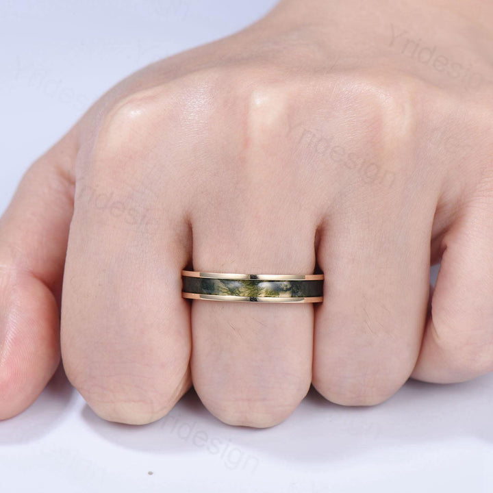 Men¡¯s 4.5mm Moss Agate Wedding Band Yellow Gold- Full Eternity Forest Jewelry, Dainty Stackable Anniversary Ring - PENFINE