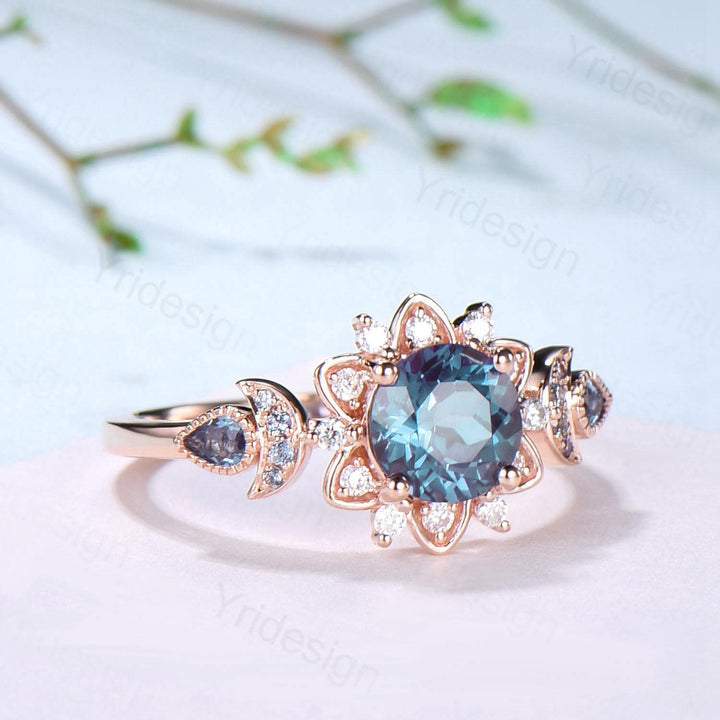 Floral Alexandrite Engagement Ring, Moissanite Diamond Lotus, Rose Gold - PENFINE