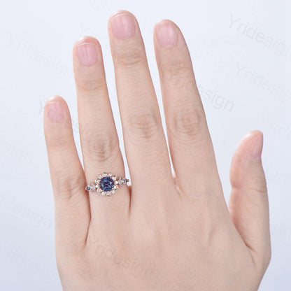 Floral Alexandrite Engagement Ring, Moissanite Diamond Lotus, Rose Gold - PENFINE