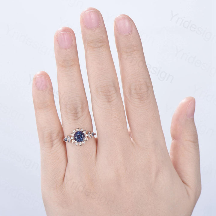 Floral Alexandrite Engagement Ring, Moissanite Diamond Lotus, Rose Gold - PENFINE