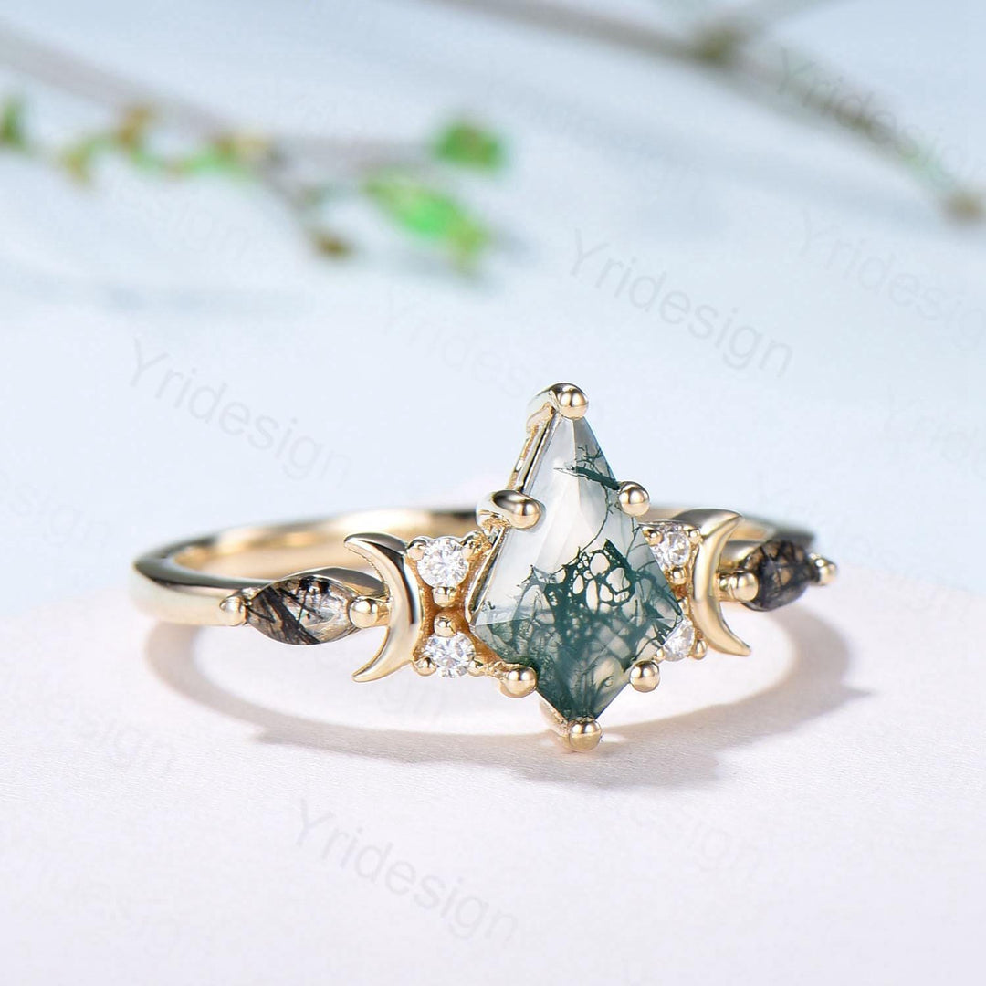 Yellow Gold Kite Cut Moss Agate Engagement Ring, Crescent Moon Star Marquise Black Rutilated Quartz Ring - PENFINE