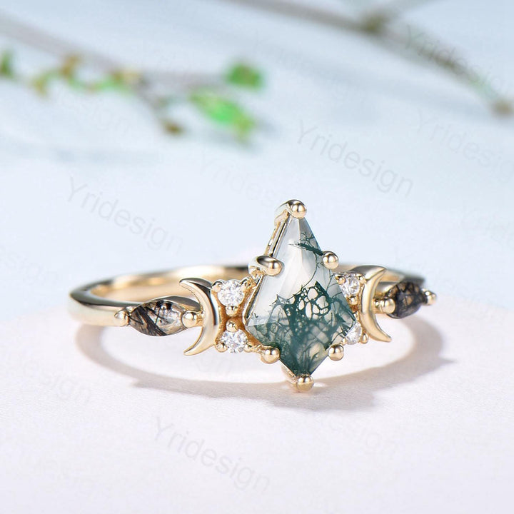 Yellow Gold Kite Cut Moss Agate Engagement Ring, Crescent Moon Star Marquise Black Rutilated Quartz Ring - PENFINE