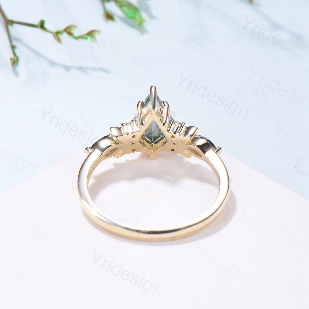 Yellow Gold Kite Cut Moss Agate Engagement Ring, Crescent Moon Star Marquise Black Rutilated Quartz Ring - PENFINE