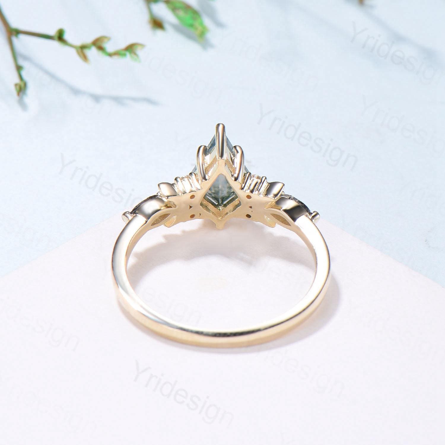 Yellow Gold Kite Cut Moss Agate Engagement Ring, Crescent Moon Star Marquise Black Rutilated Quartz Ring - PENFINE