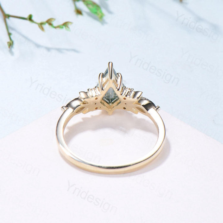 Yellow Gold Kite Cut Moss Agate Engagement Ring, Crescent Moon Star Marquise Black Rutilated Quartz Ring - PENFINE