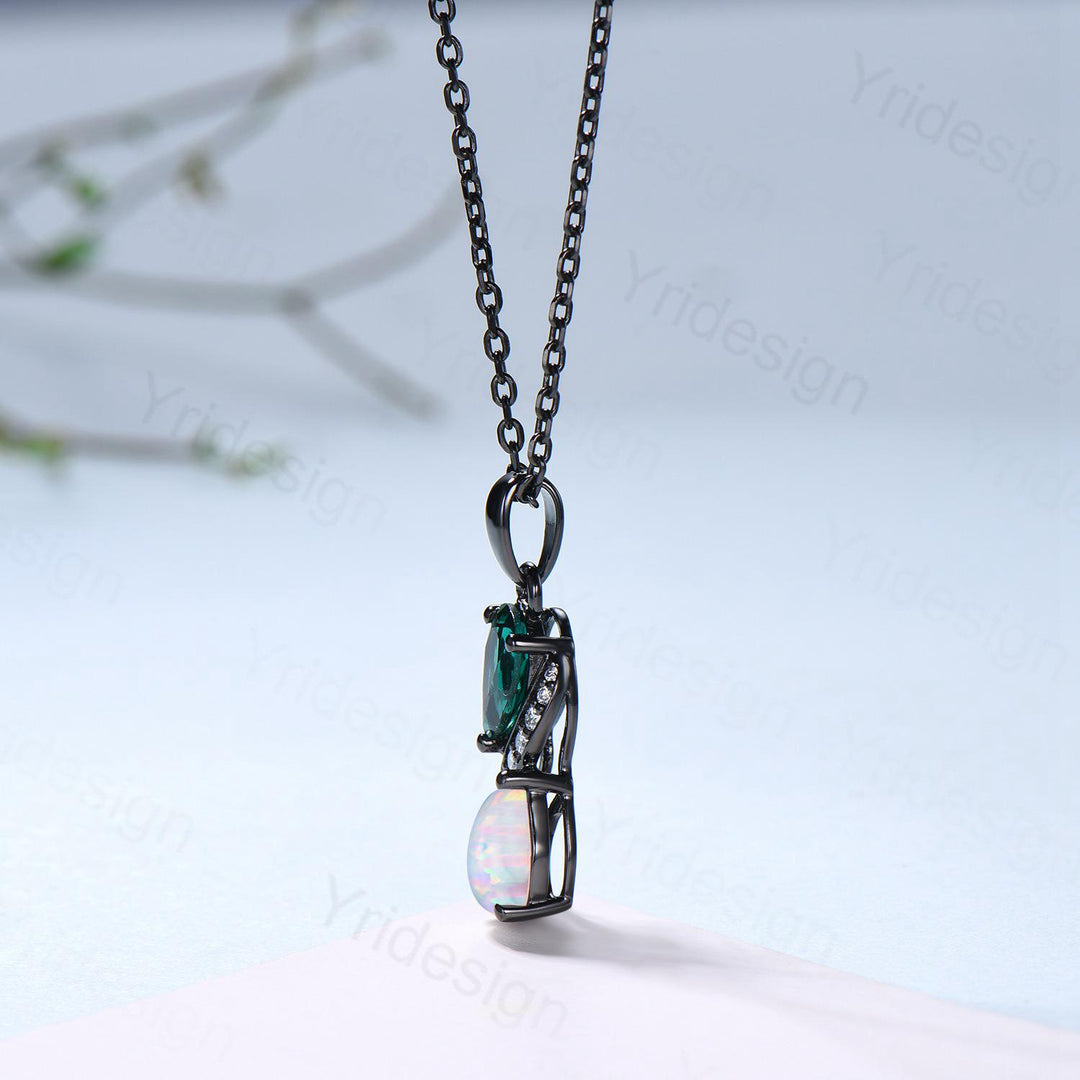Blace Gold Pear Shaped Opal Emerald Necklace, Moissanite Diamond Accent, Snake Pendant - PENFINE