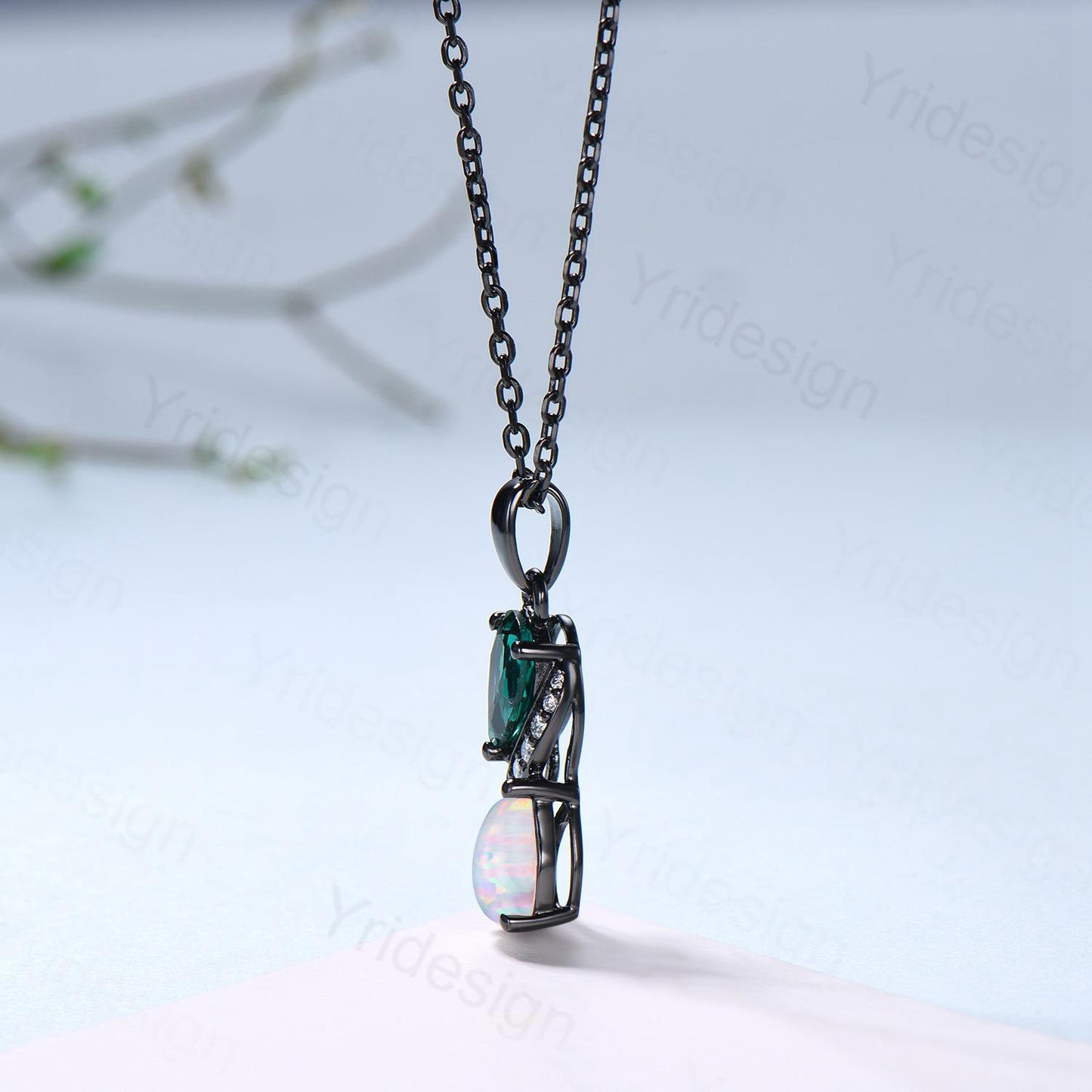 Blace Gold Pear Shaped Opal Emerald Necklace, Moissanite Diamond Accent, Snake Pendant - PENFINE