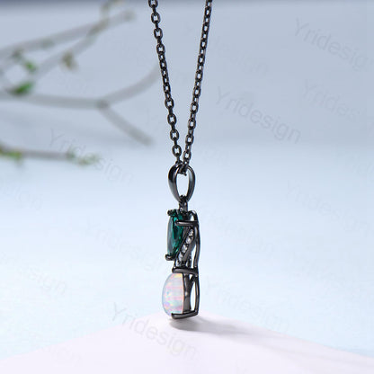 Blace Gold Pear Shaped Opal Emerald Necklace, Moissanite Diamond Accent, Snake Pendant - PENFINE