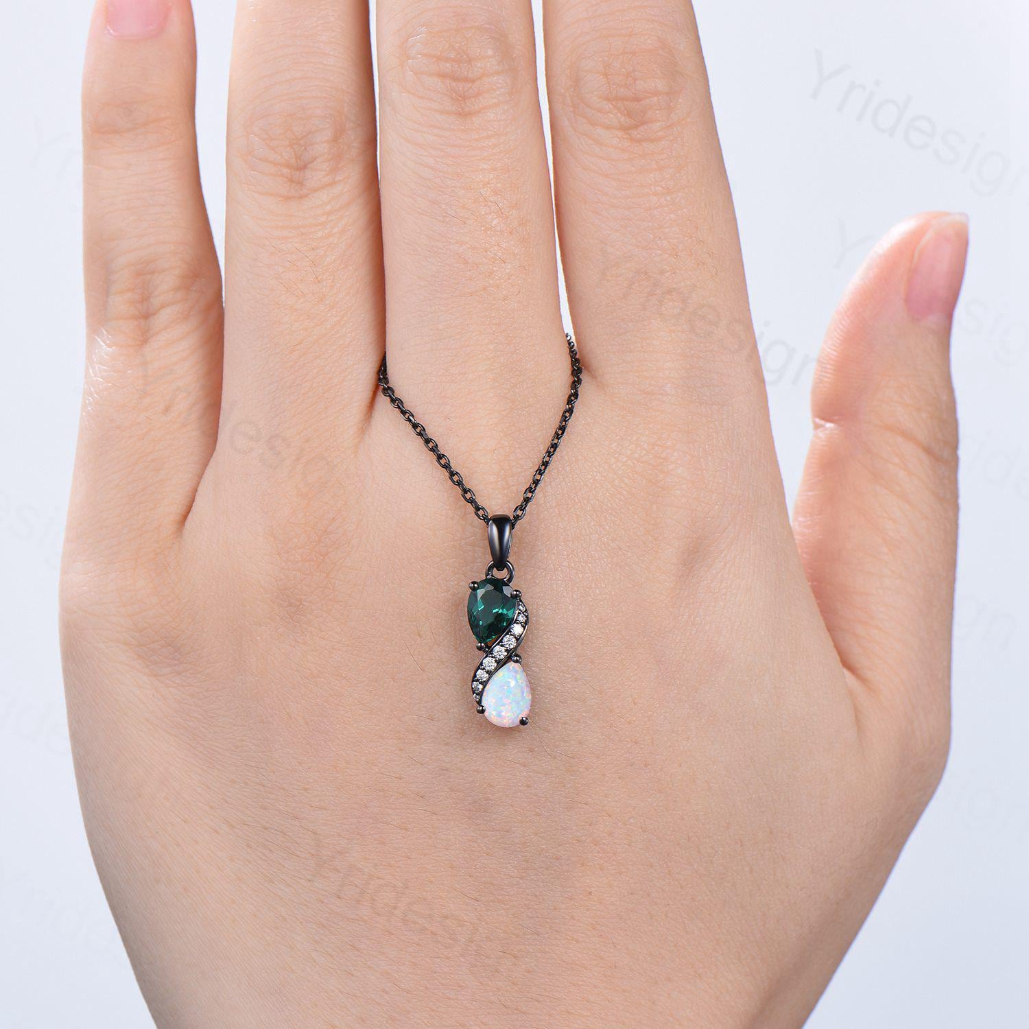 Blace Gold Pear Shaped Opal Emerald Necklace, Moissanite Diamond Accent, Snake Pendant - PENFINE