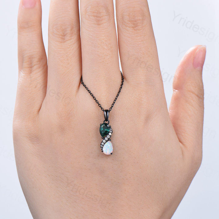 Blace Gold Pear Shaped Opal Emerald Necklace, Moissanite Diamond Accent, Snake Pendant - PENFINE