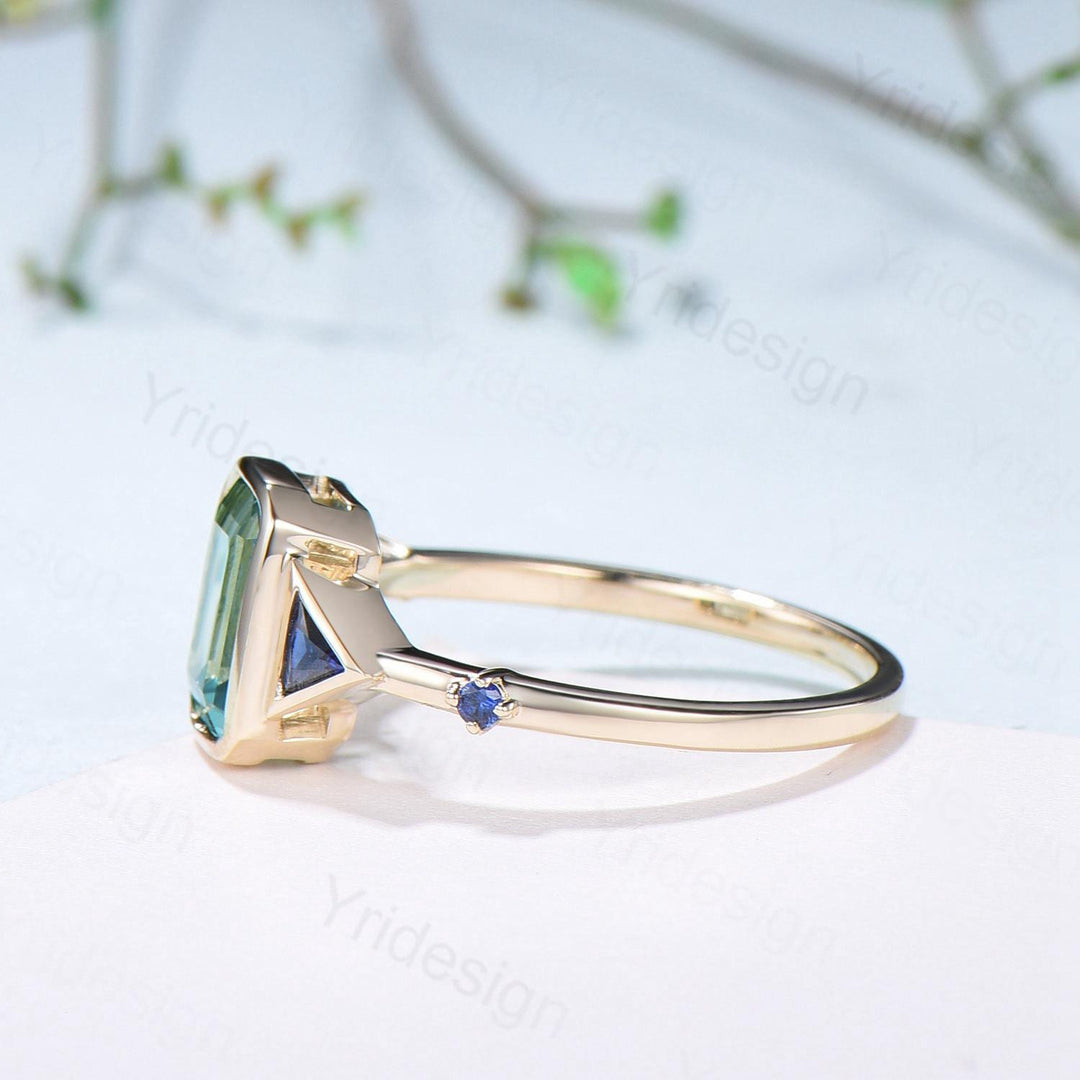 Emerald Cut Moissanite Engagement Ring, Five Stone Trillion Blue Sapphire Accents - PENFINE