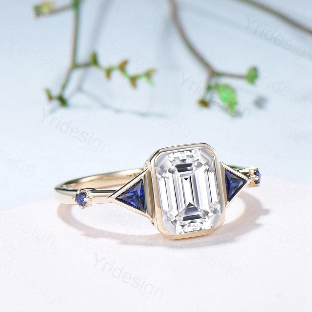 Emerald Cut Moissanite Engagement Ring, Five Stone Trillion Blue Sapphire Accents - PENFINE