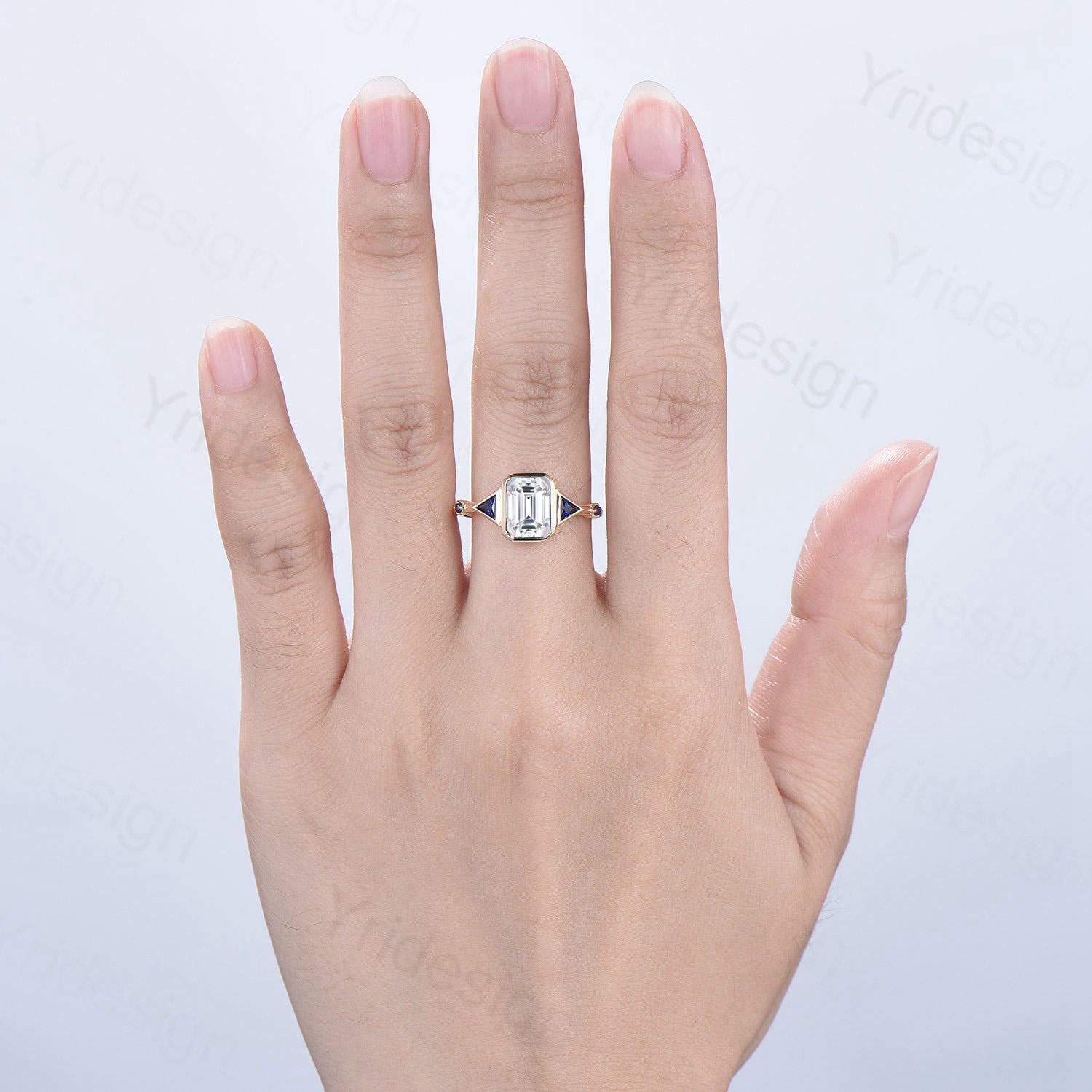 Emerald Cut Moissanite Engagement Ring, Five Stone Trillion Blue Sapphire Accents - PENFINE