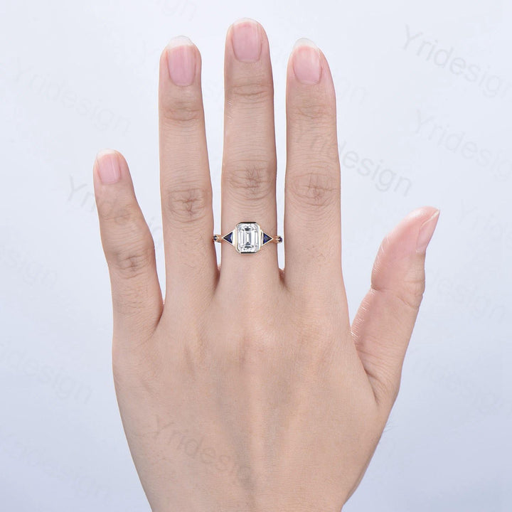 Emerald Cut Moissanite Engagement Ring, Five Stone Trillion Blue Sapphire Accents - PENFINE