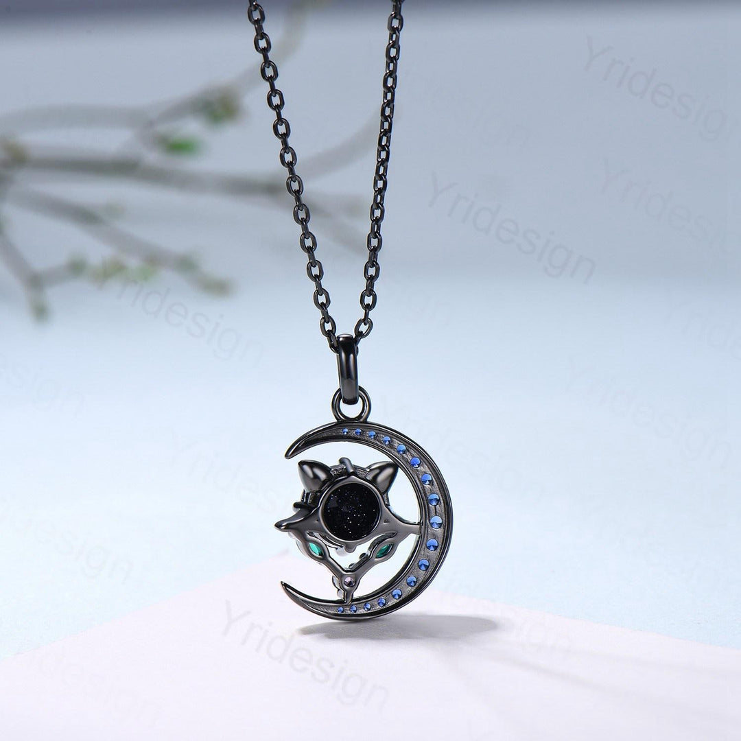 Unique Black Gold Alexandrite Necklace Magic Crescent Moon Devil Pendant Necklace Sapphire Emerald Gothic Anniversary Gift for Daughter - PENFINE