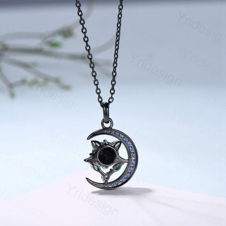 Unique Black Gold Alexandrite Necklace Magic Crescent Moon Devil Pendant Necklace Sapphire Emerald Gothic Anniversary Gift for Daughter - PENFINE