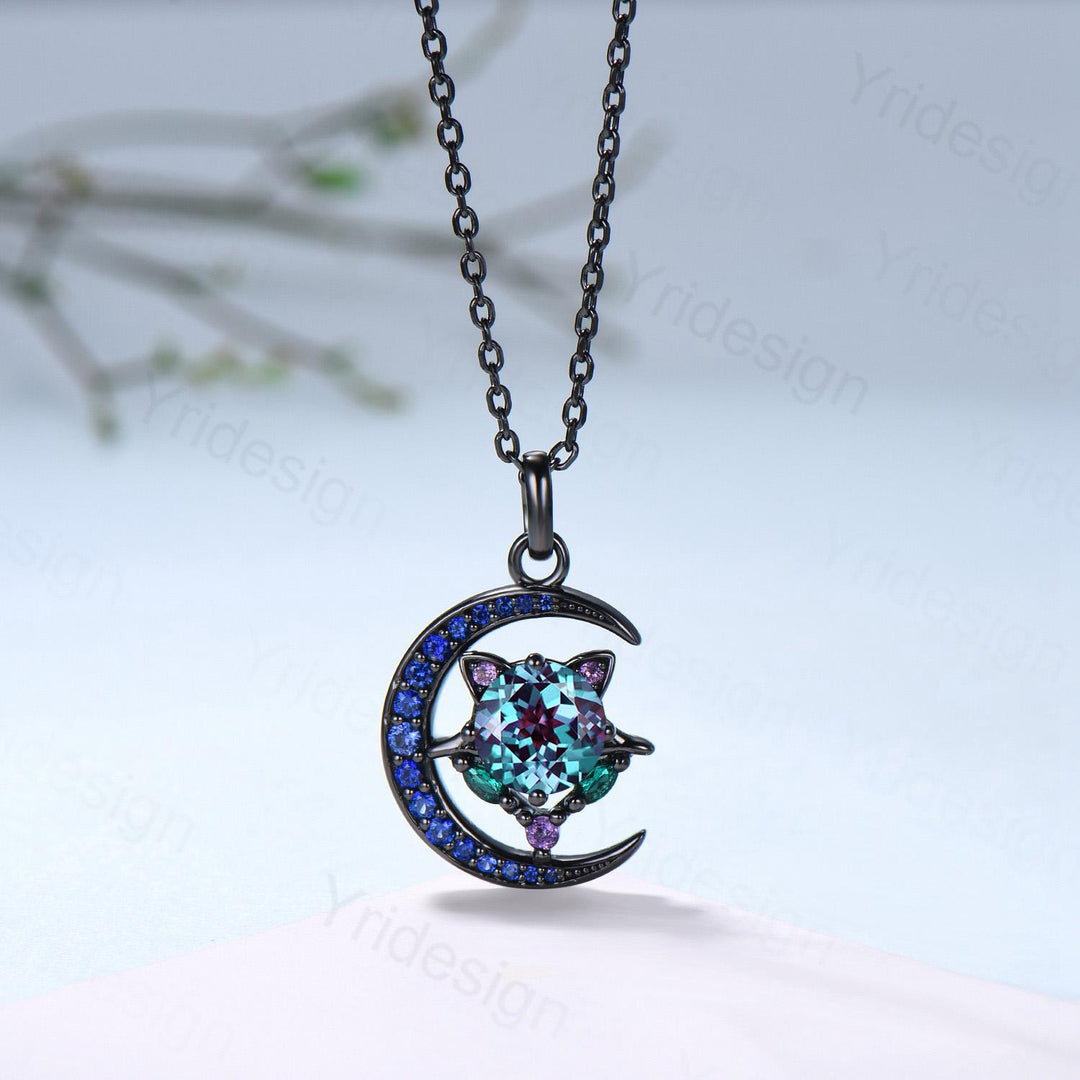 Unique Black Gold Alexandrite Necklace Magic Crescent Moon Devil Pendant Necklace Sapphire Emerald Gothic Anniversary Gift for Daughter - PENFINE