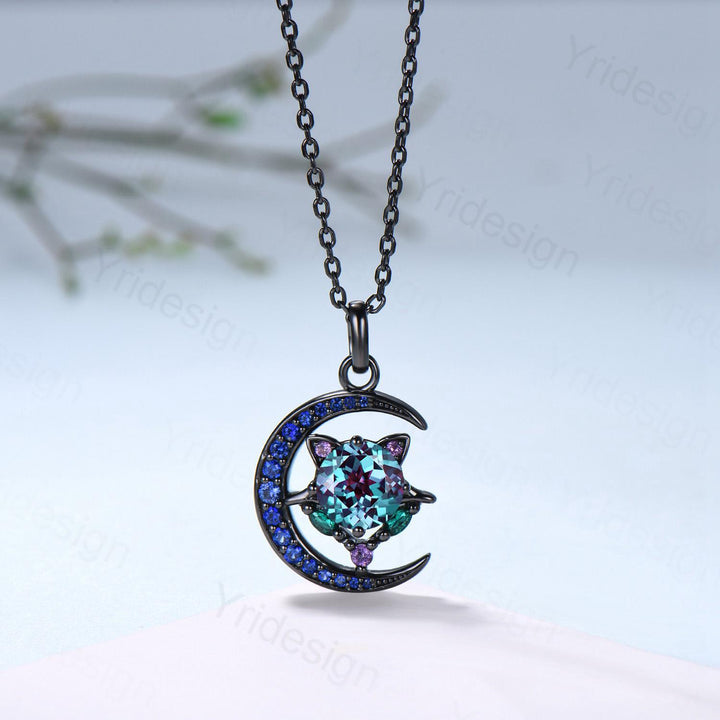 Unique Black Gold Alexandrite Necklace Magic Crescent Moon Devil Pendant Necklace Sapphire Emerald Gothic Anniversary Gift for Daughter - PENFINE