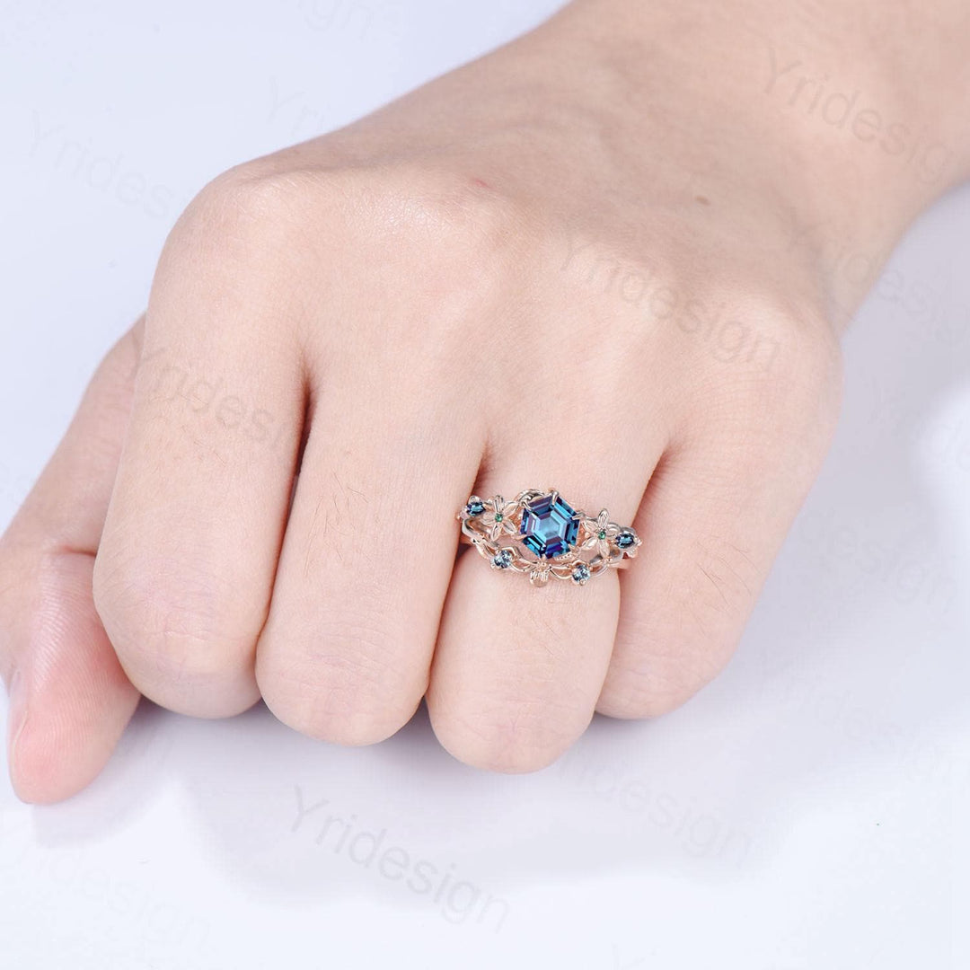 Color-Change Alexandrite Engagement Ring | Enchanted Floral Vine Wrap Ring Accent Emerald | Rose Gold Hexagon Gem June Birthstone Bridla Set - PENFINE