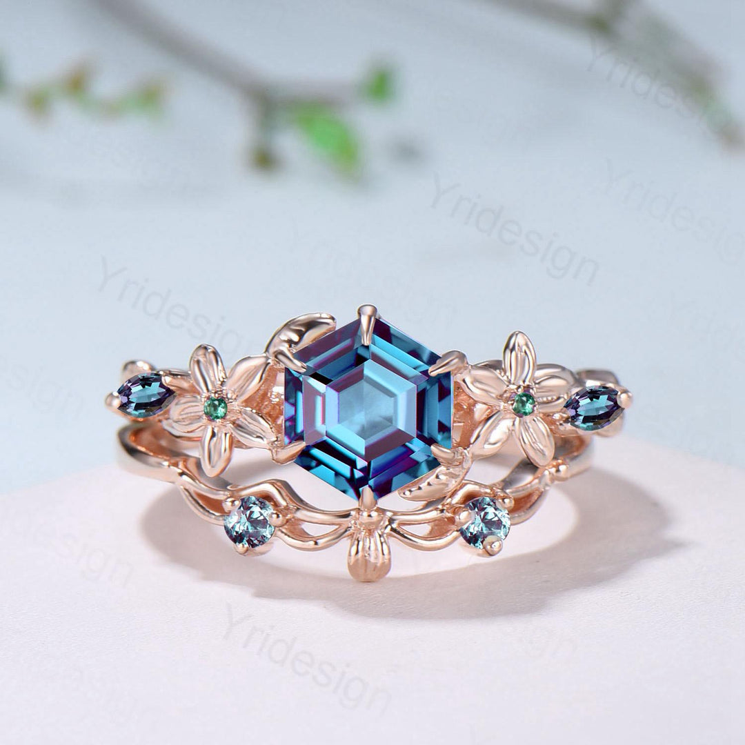 Color-Change Alexandrite Engagement Ring | Enchanted Floral Vine Wrap Ring Accent Emerald | Rose Gold Hexagon Gem June Birthstone Bridla Set - PENFINE