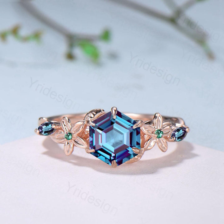 Color-Change Alexandrite Engagement Ring | Enchanted Floral Vine Wrap Ring Accent Emerald | Rose Gold Hexagon Gem June Birthstone Bridla Set - PENFINE