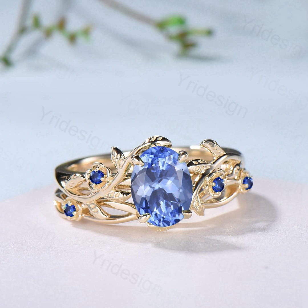 Floral Oval Natural Tanzanite Engagement Ring Set, Yellow Gold Nature Inspired Twig Vine Blue Sapphire Wedding Set - PENFINE