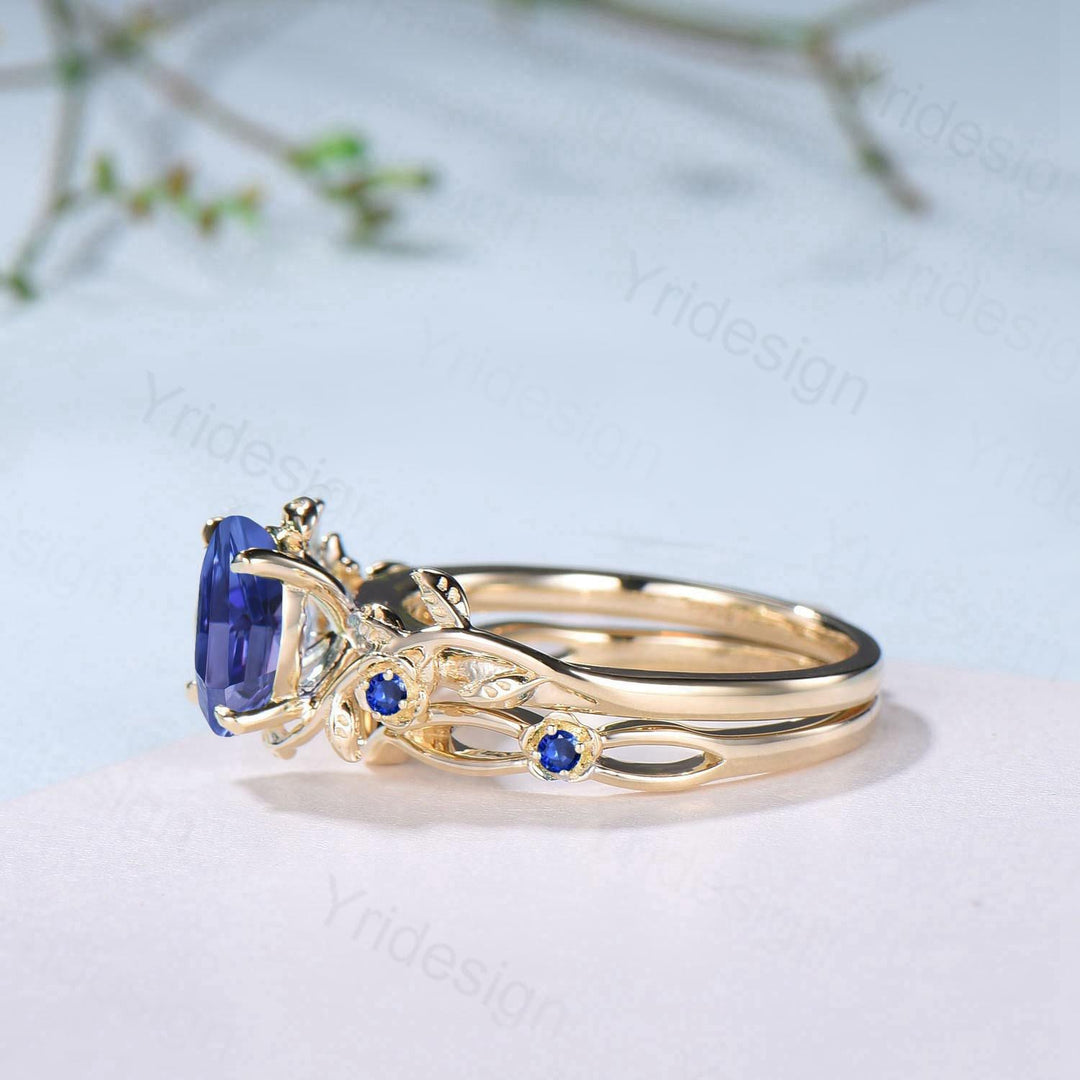 Floral Oval Natural Tanzanite Engagement Ring Set, Yellow Gold Nature Inspired Twig Vine Blue Sapphire Wedding Set - PENFINE