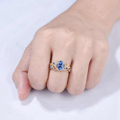 Floral Oval Natural Tanzanite Engagement Ring Set, Yellow Gold Nature Inspired Twig Vine Blue Sapphire Wedding Set - PENFINE