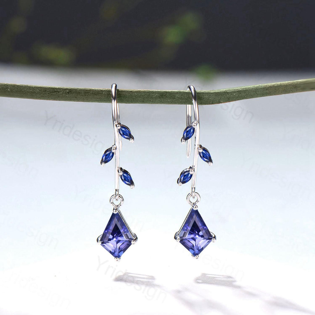 Tanzanite Vine Drop Earrings - Kite Cut Leaf Dangle Blue Sapphire Earrings, December Birthstone Gift - PENFINE