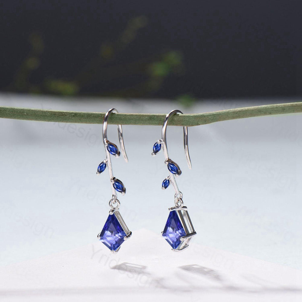 Tanzanite Vine Drop Earrings - Kite Cut Leaf Dangle Blue Sapphire Earrings, December Birthstone Gift - PENFINE