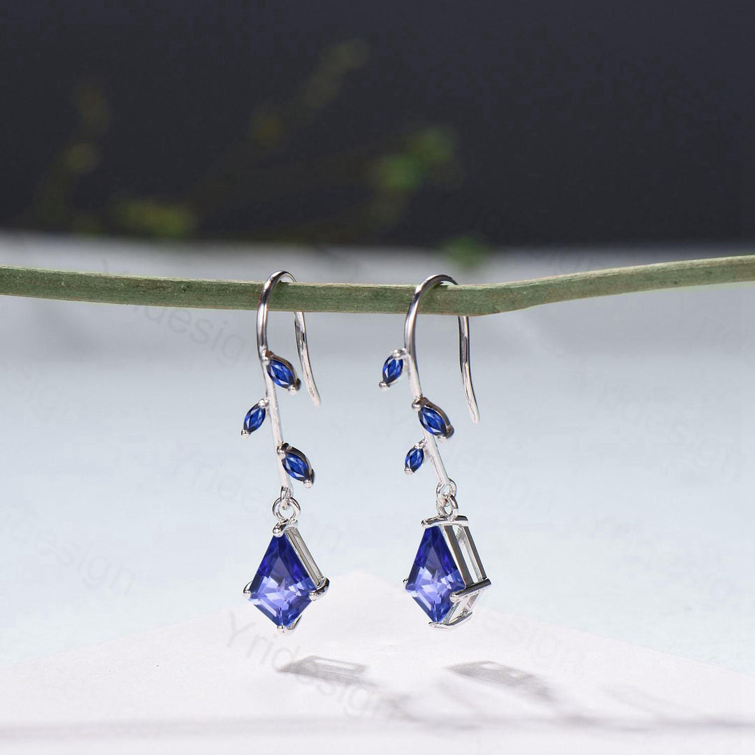 Tanzanite Vine Drop Earrings - Kite Cut Leaf Dangle Blue Sapphire Earrings, December Birthstone Gift - PENFINE