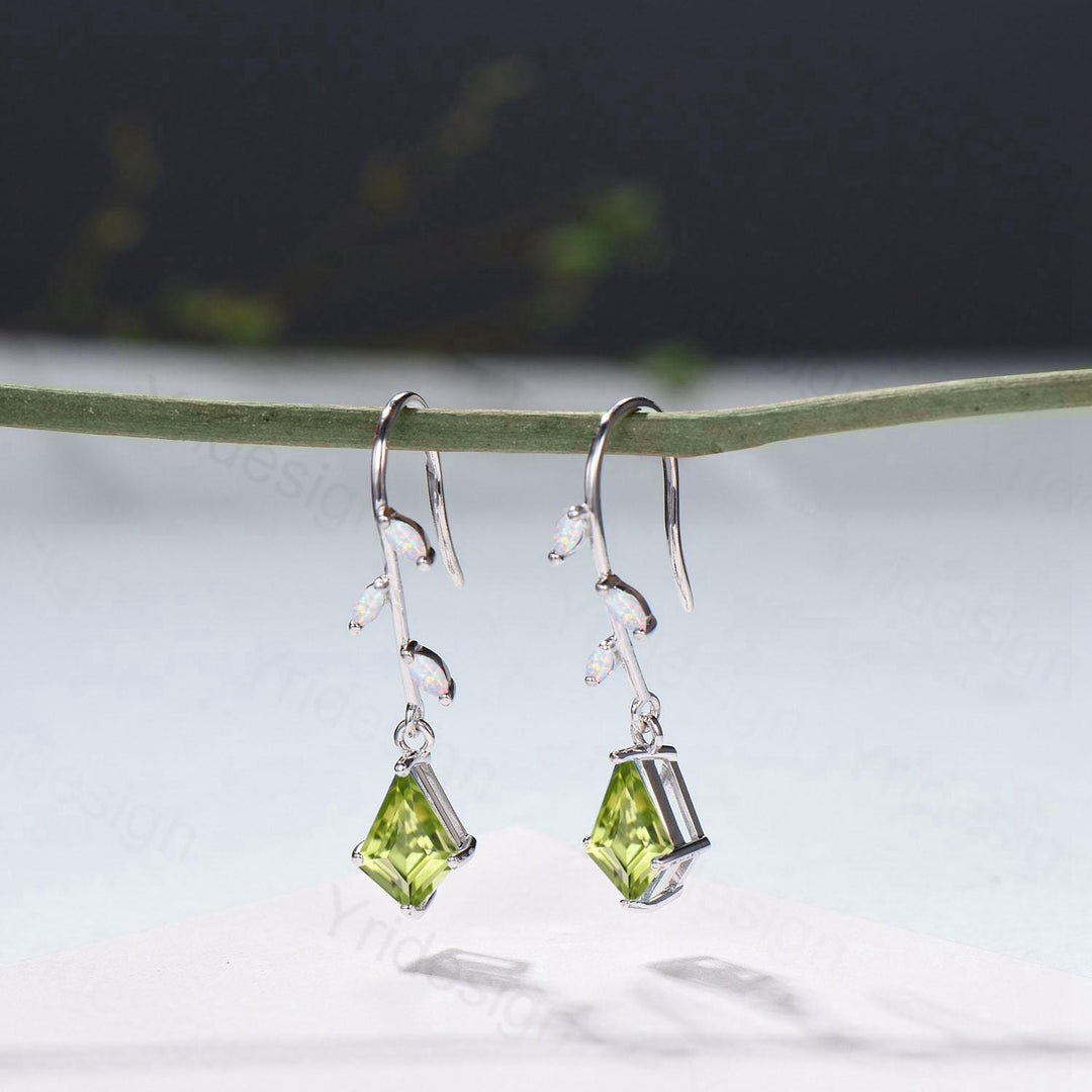 Elegant Kite Cut Peridot Drop Earrings, Branch Marquise White Opal Pinwheel Studs - PENFINE