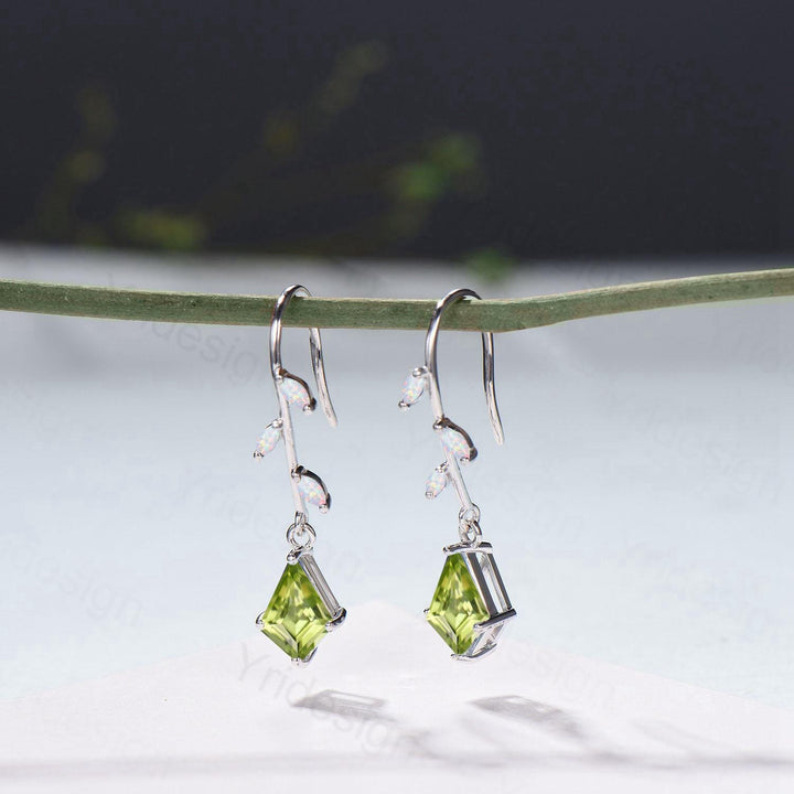 Elegant Kite Cut Peridot Drop Earrings, Branch Marquise White Opal Pinwheel Studs - PENFINE