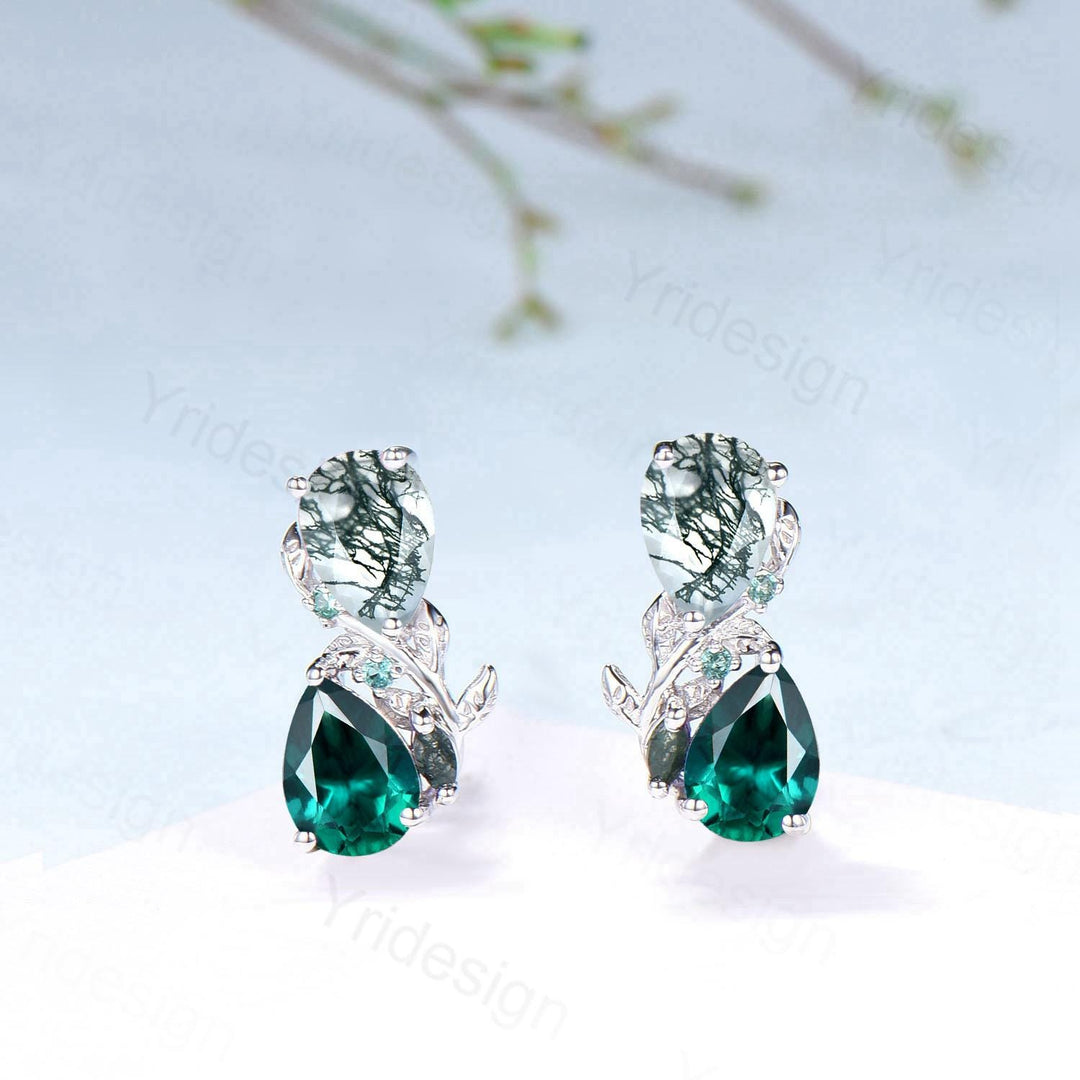 Moss Agate & Emerald Sterling Silver Earrings ¨C Vine Twig Studs - PENFINE
