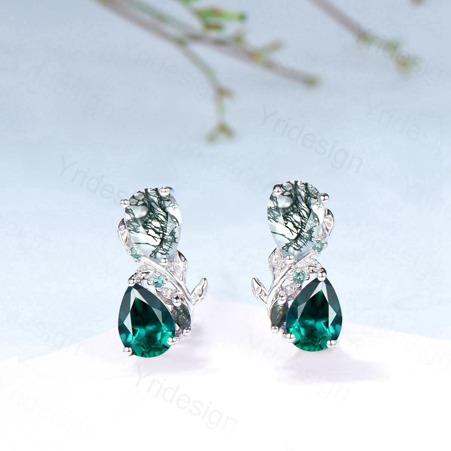 Moss Agate & Emerald Sterling Silver Earrings Leaf Vine Twig Studs - PENFINE