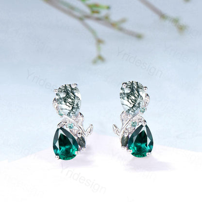 Moss Agate & Emerald Sterling Silver Earrings Leaf Vine Twig Studs - PENFINE