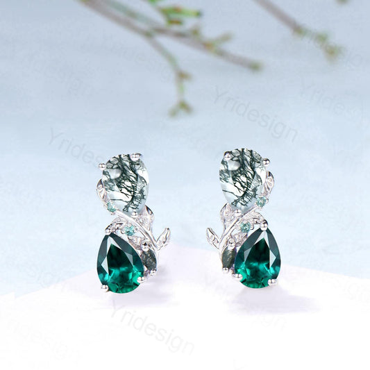 Moss Agate & Emerald Sterling Silver Earrings Leaf Vine Twig Studs - PENFINE