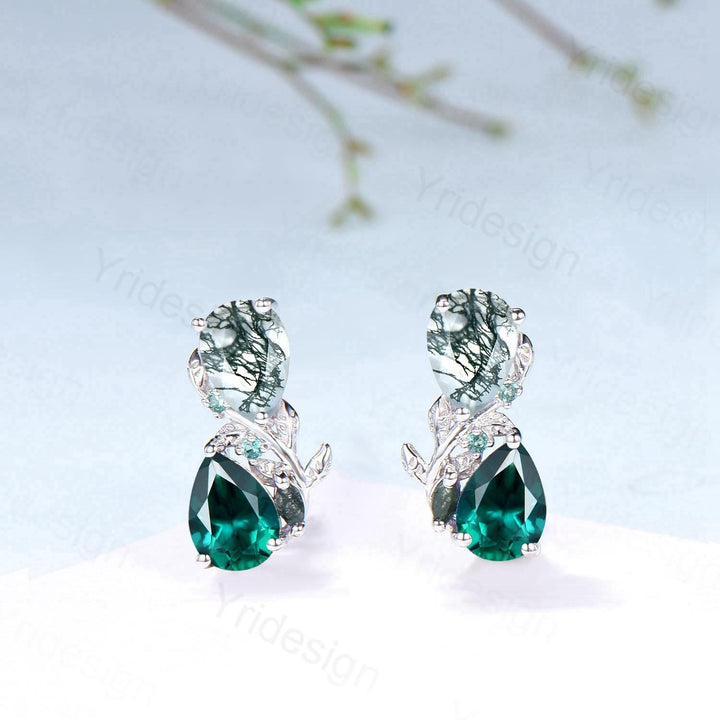 Moss Agate & Emerald Sterling Silver Earrings ¨C Vine Twig Studs - PENFINE