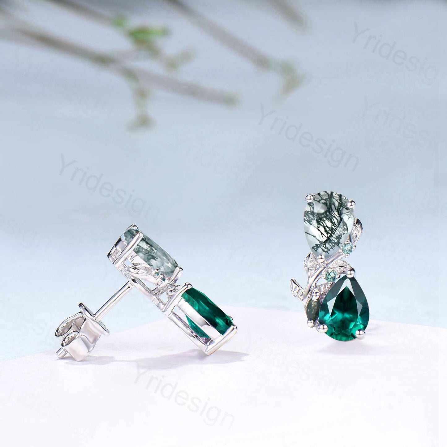 Moss Agate & Emerald Sterling Silver Earrings Leaf Vine Twig Studs - PENFINE