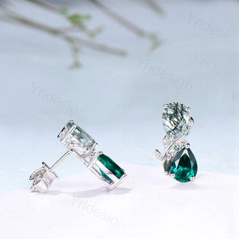 Moss Agate & Emerald Sterling Silver Earrings Leaf Vine Twig Studs - PENFINE